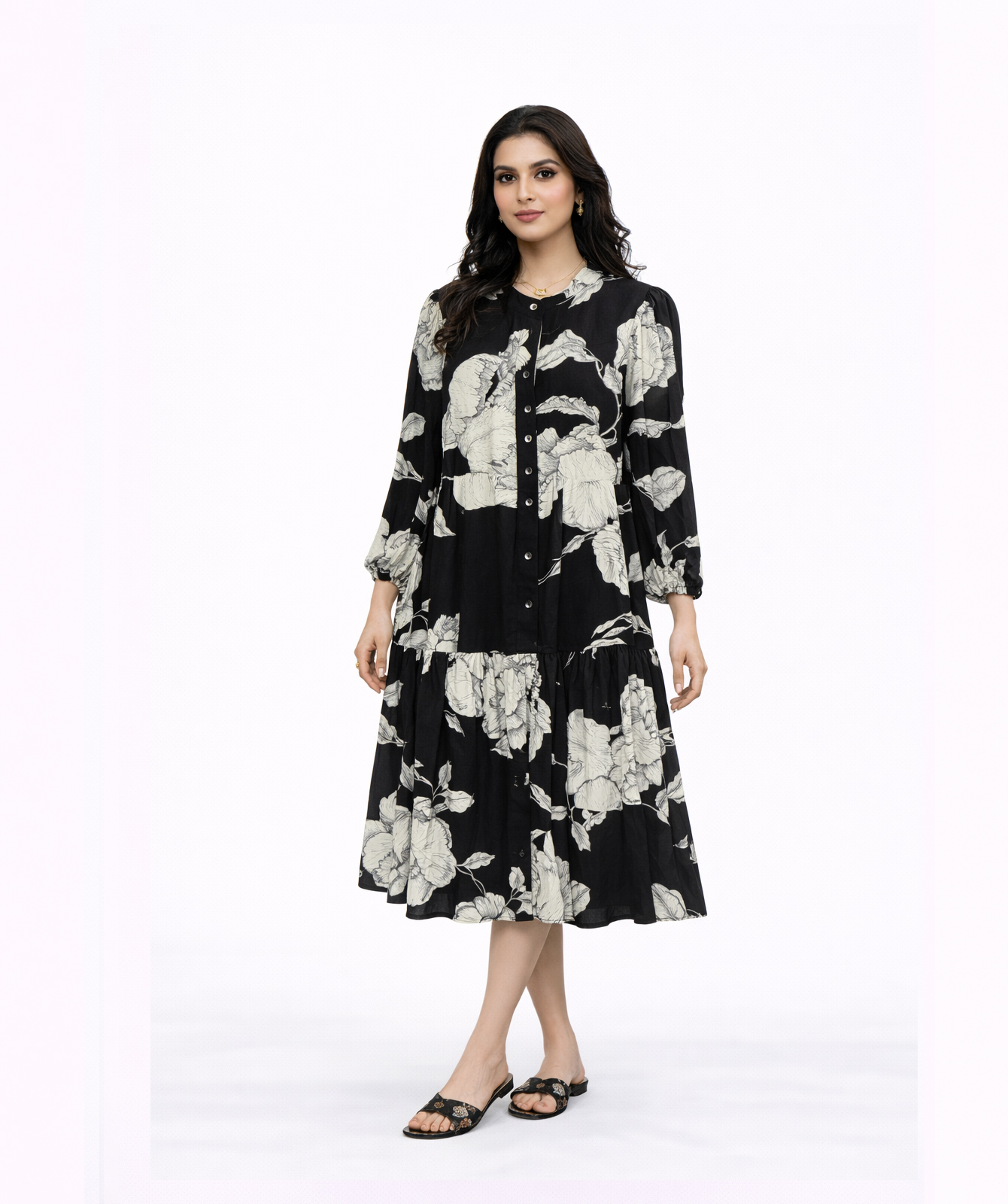 black floral button dress