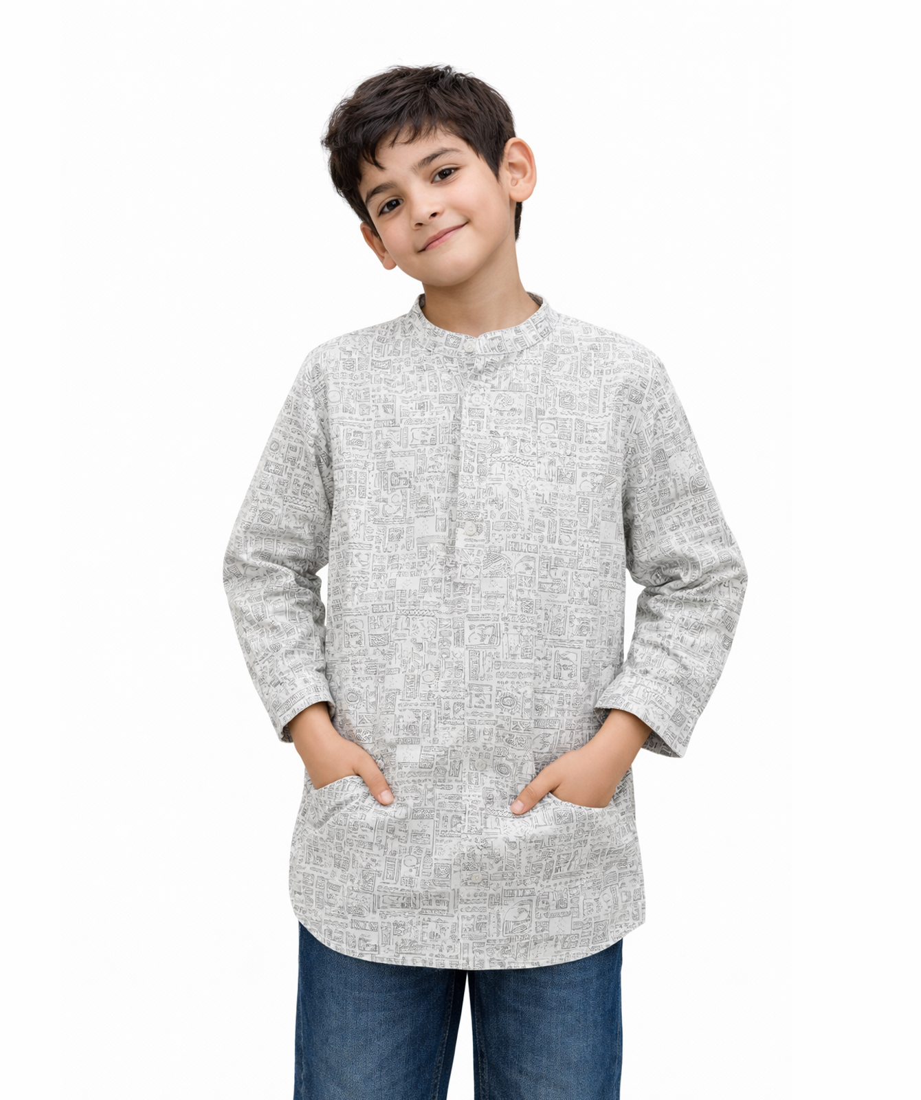 Grey Printed Kids Kurta